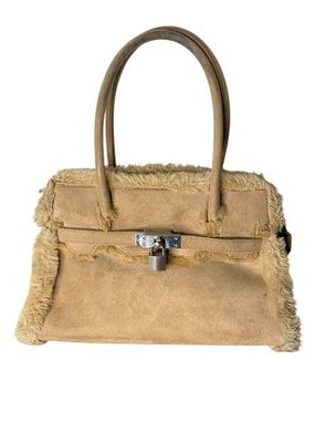 Tan Faux Suede Faux Fur Shearling Trim Handbag Satchel Lock Zipper Kelly Style